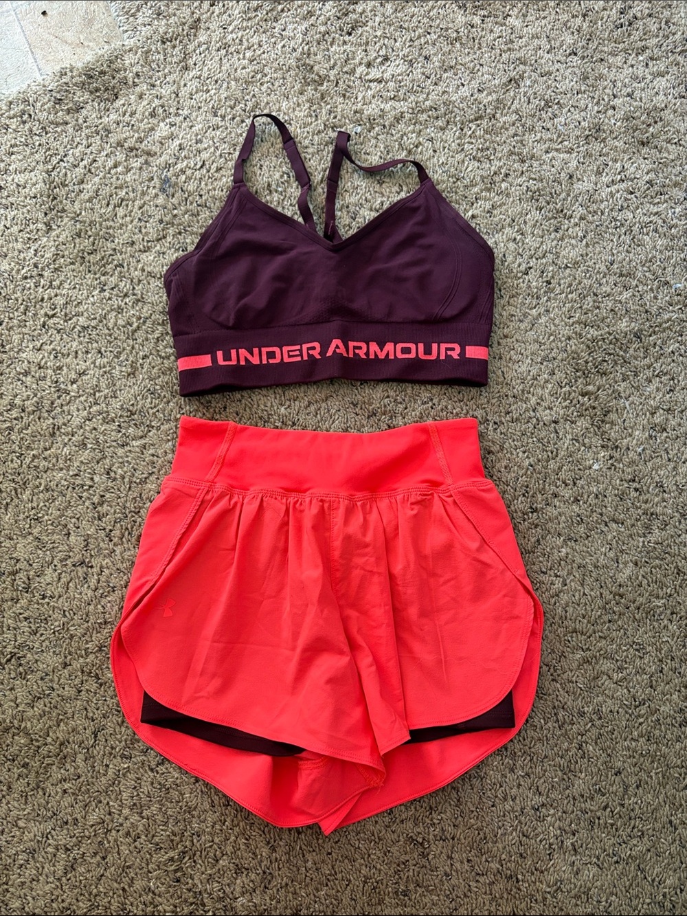 Under Armour Maroon Sports Bra with Coral Running Shorts